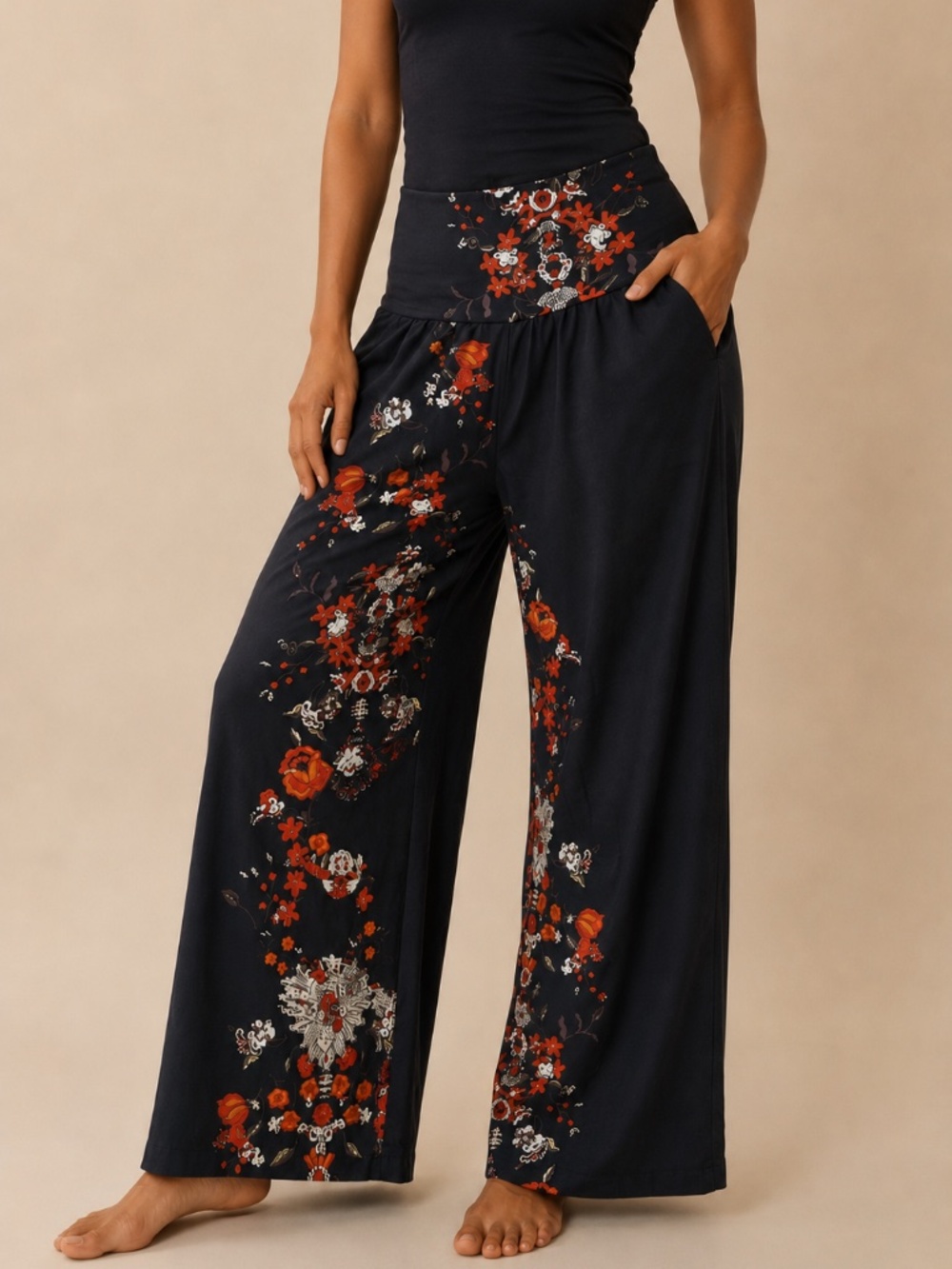 Iconoflash Black Floral Palazzo Pants Wide Leg High Waist Flowing Trousers SizeM